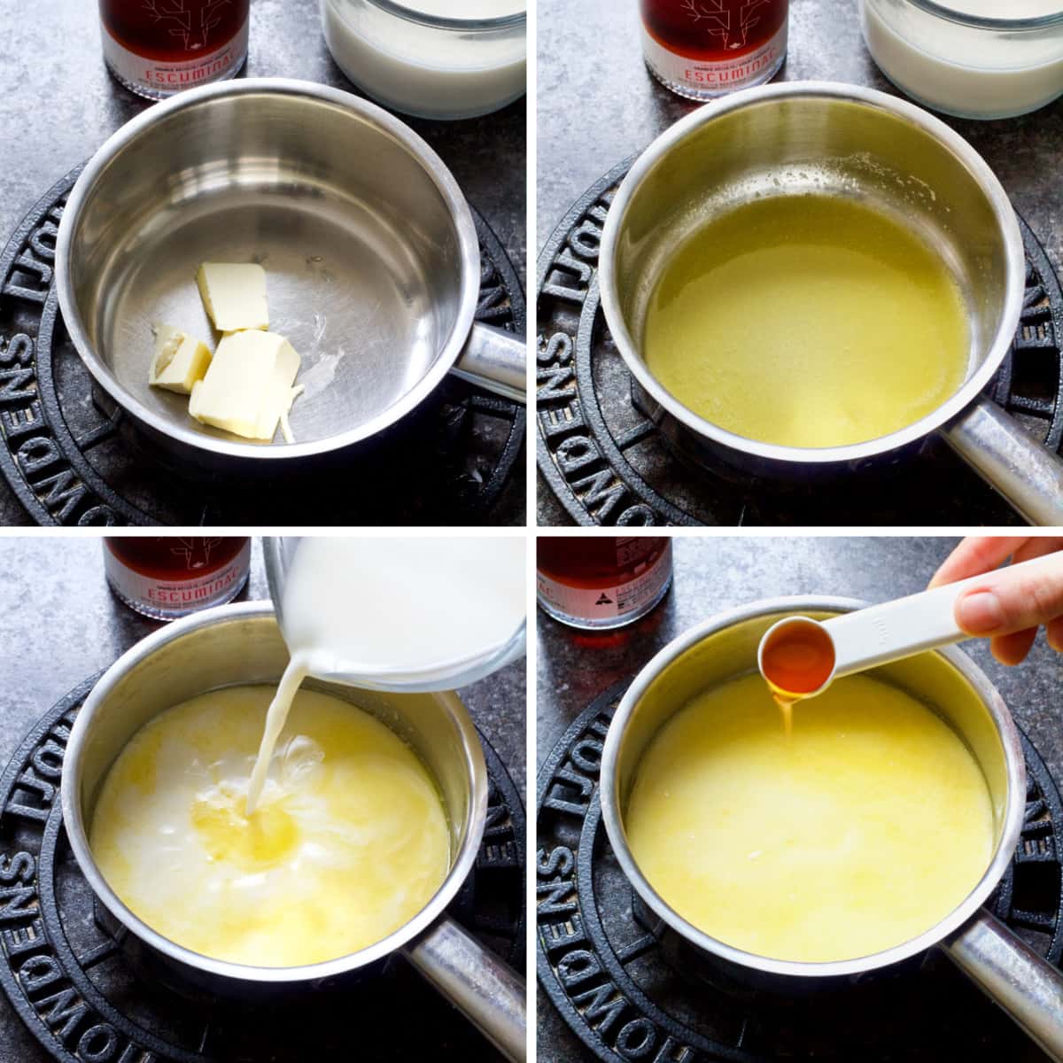 Melting butter in a pan, adding milk and maple syrup.