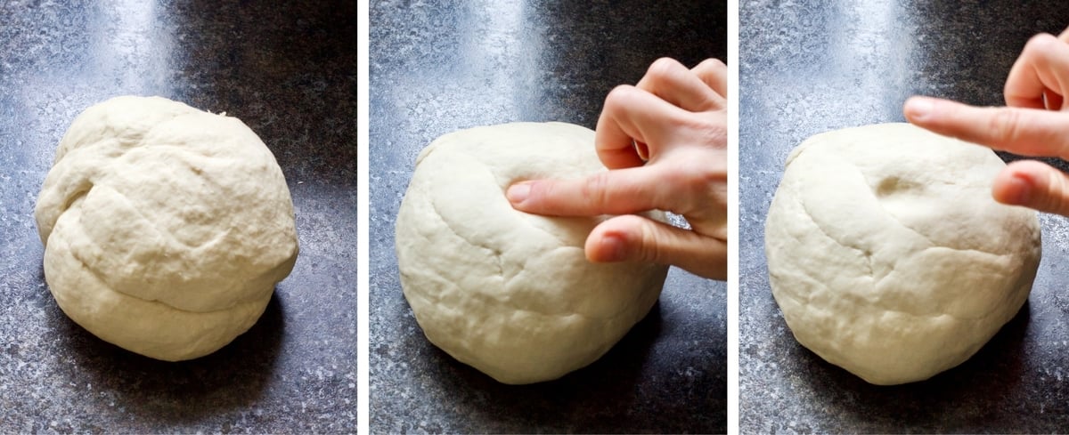Finger pressing bread dough to check whether it had enough kneading.