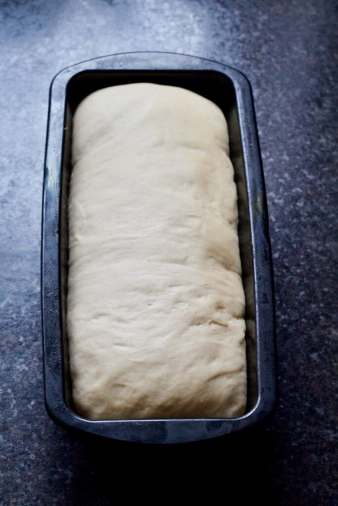 Bread dough in a tin after proving.