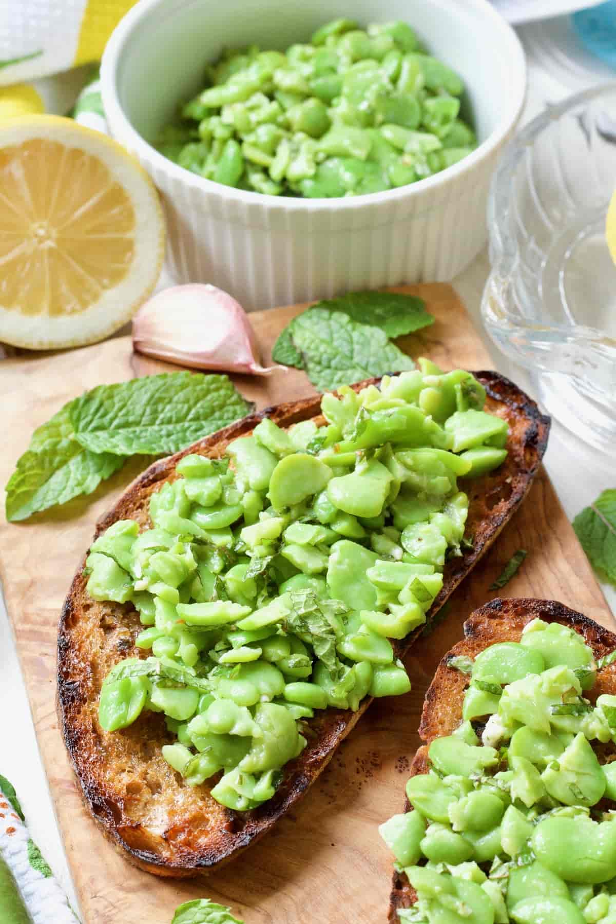 Crushed broad beans on toast.