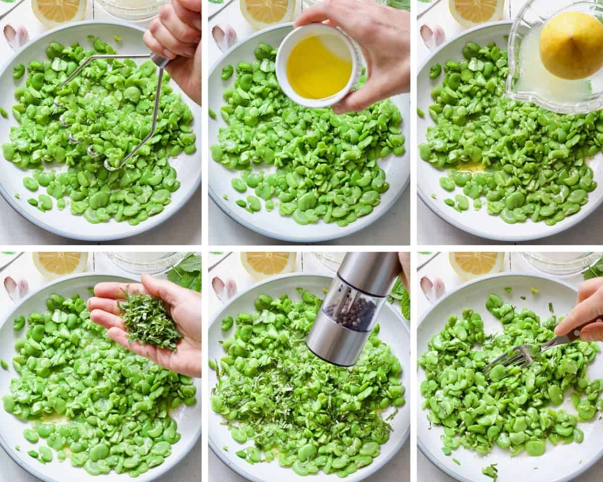 Process of mashing and flavouring broad beans.