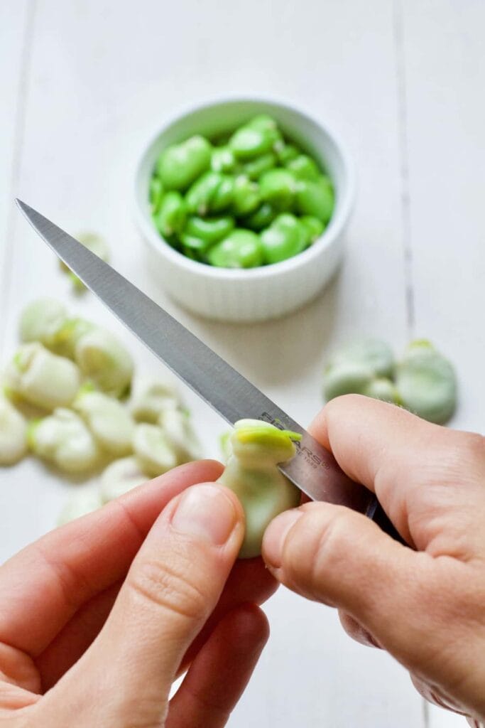 Top being cut off the broad bean to double pod.