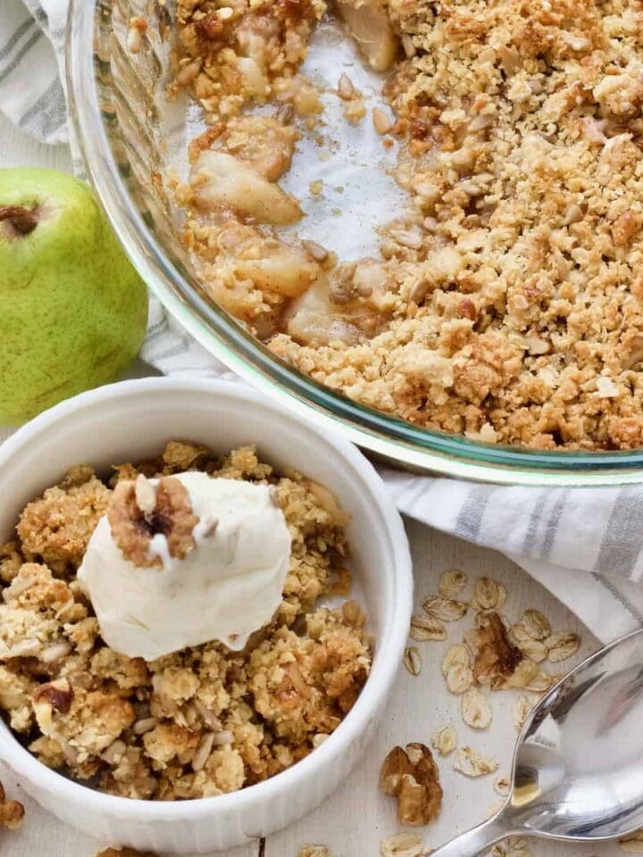 Crumble in a bowl & large serving dish.