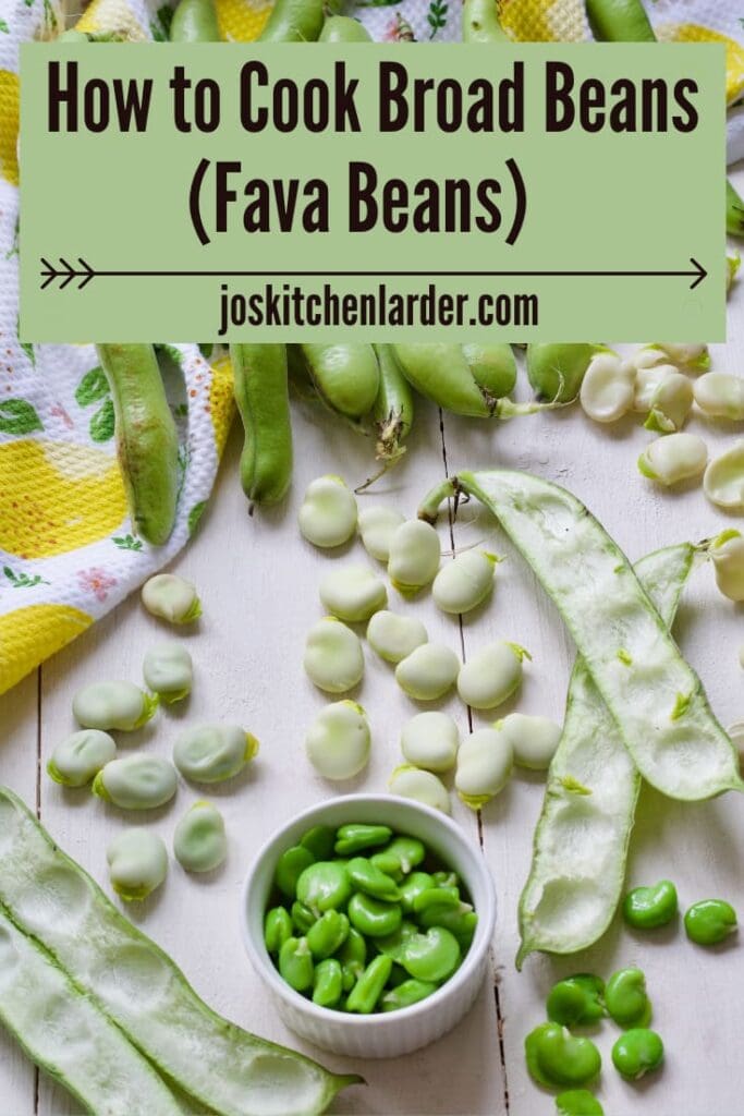 Broad beans in different forms on a board.