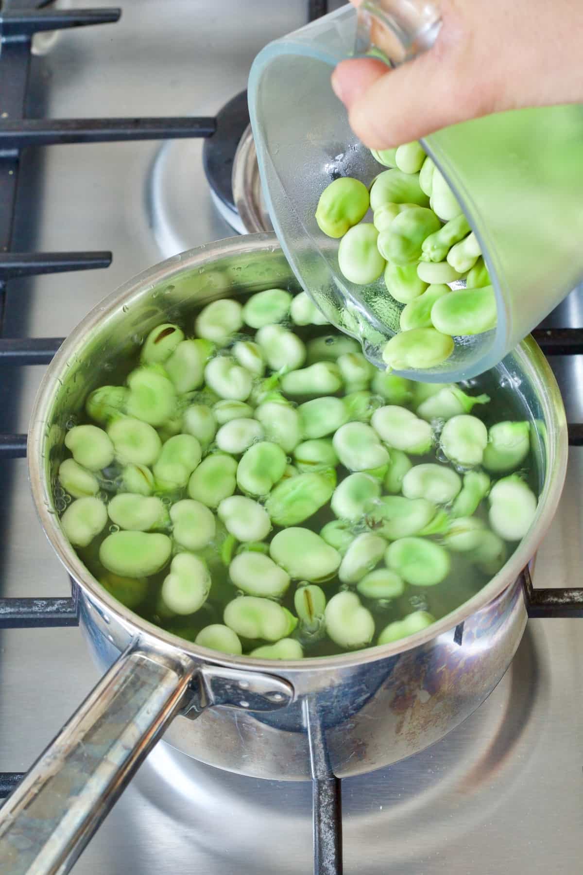 Raw broad beans being added to the pan with boiling water.