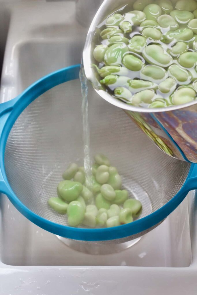Cooked broad beans being drained on a sieve.