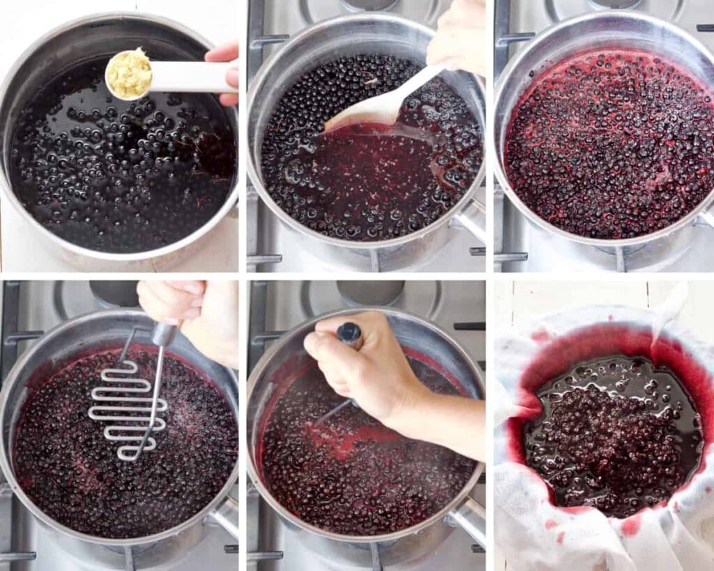 Boiling, mashing & sieving elderberries.