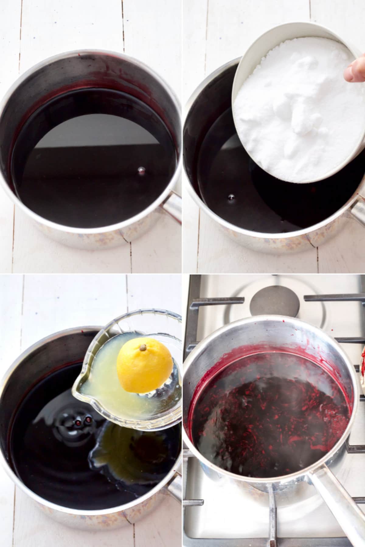 Boiling elderberry syrup with sugar and lemon.
