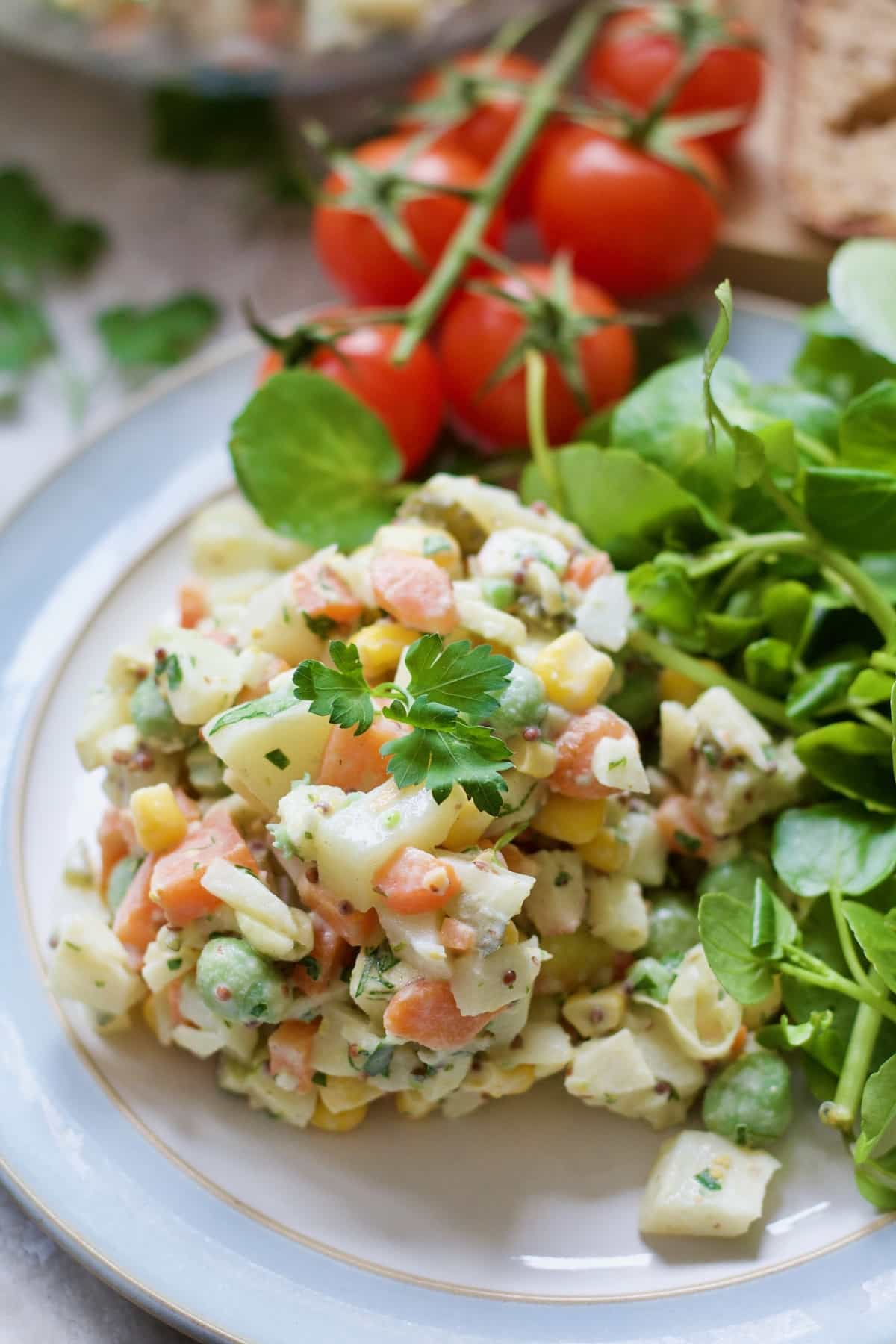 Russian Salad portion with watercress.