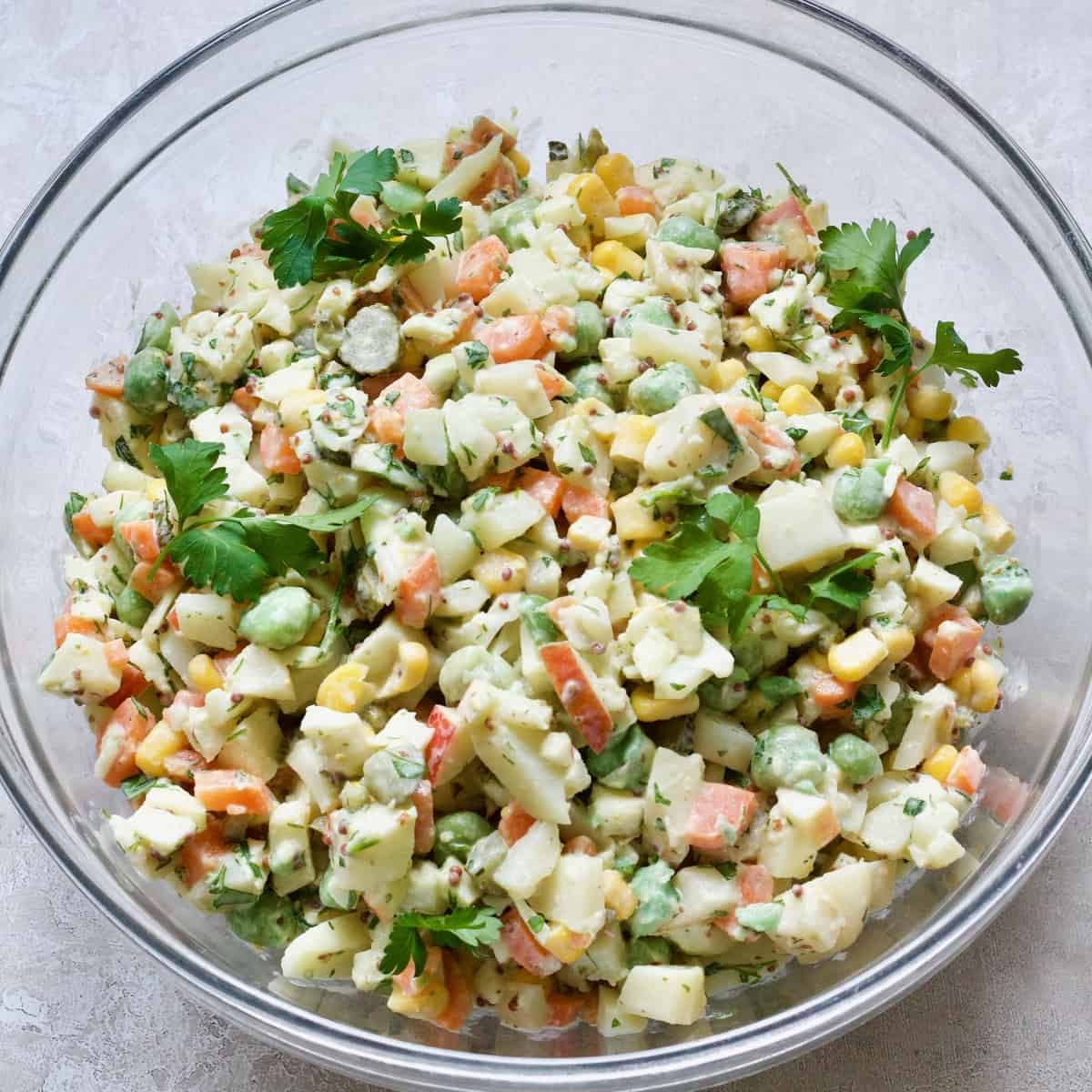 Russian Salad in a bowl ready to serve.