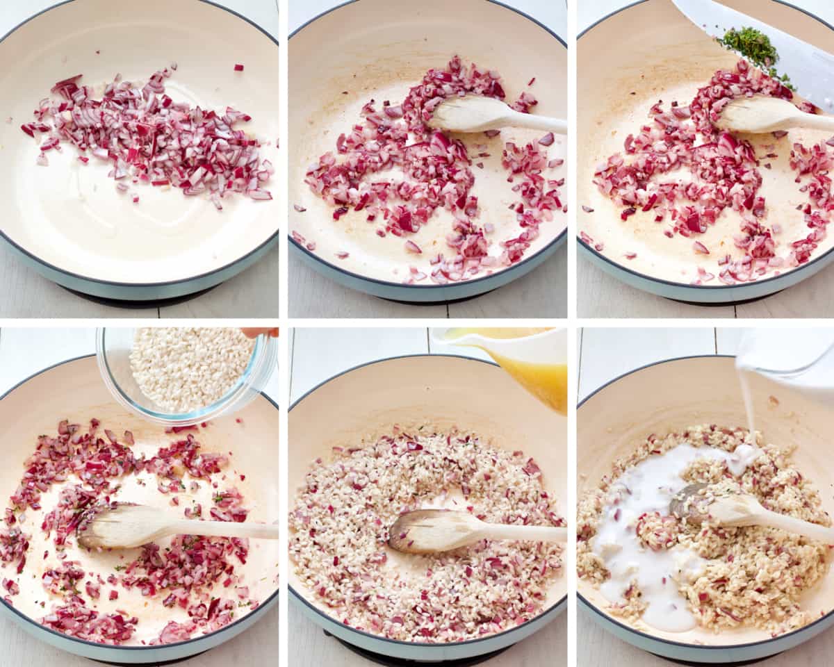 Initial step by step process of making risotto base.