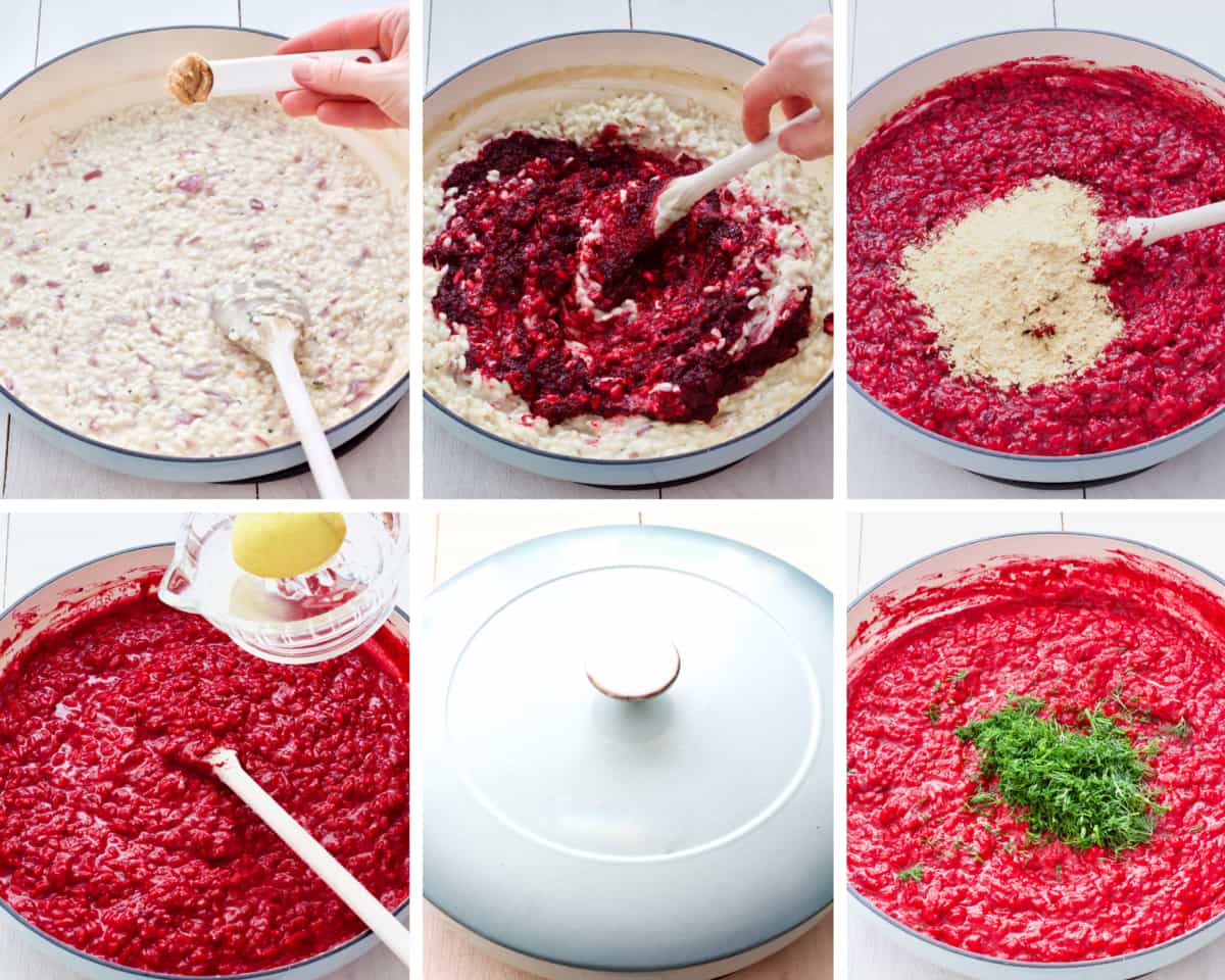 Adding flavourings & beetroot to risotto step by step.