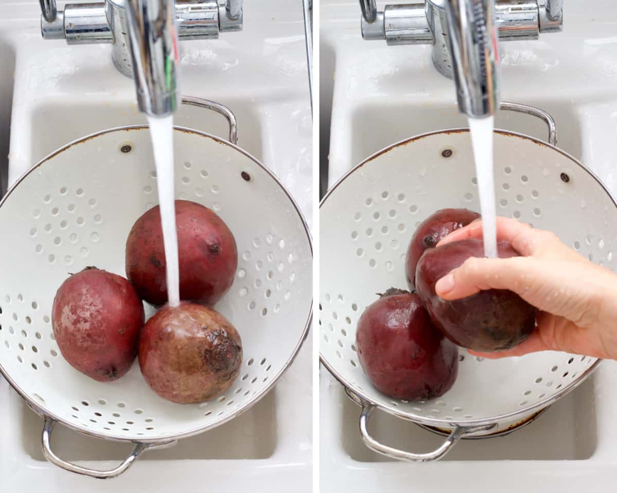 Cooling boiled beetroot under running tap.