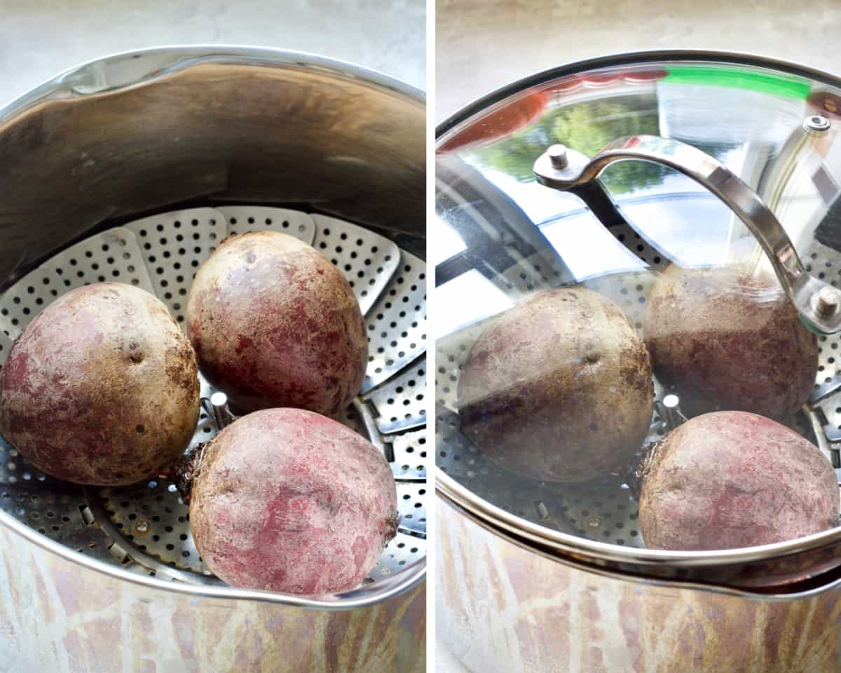 Three beets in a pan in steaming basket, lid on.