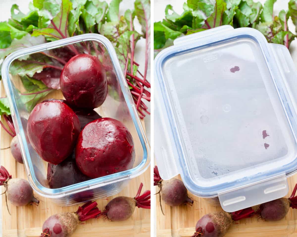 Cooked & peeled beetroot in a glass container with a lid.