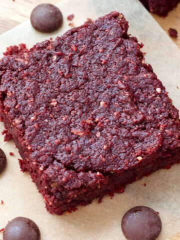 Vegan beetroot brownie square close up.