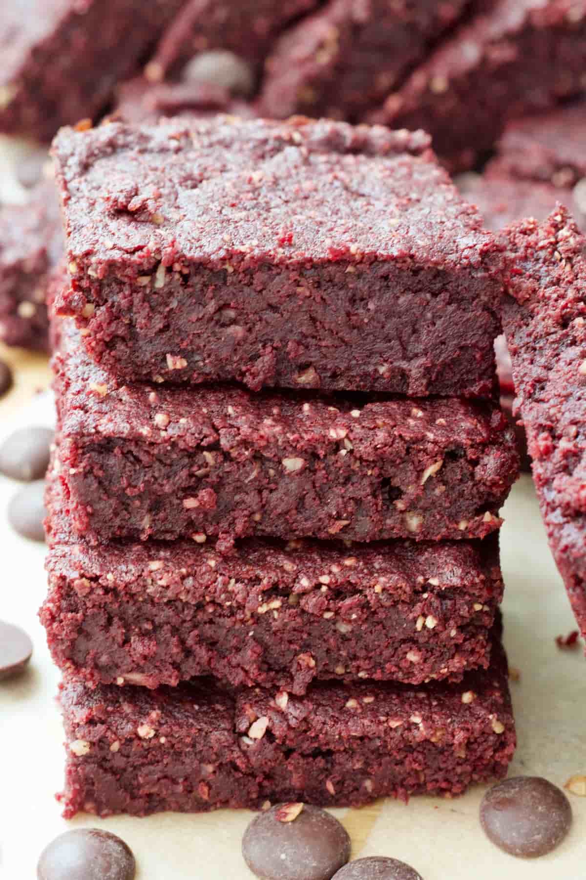 Stack of four beetroot brownies.