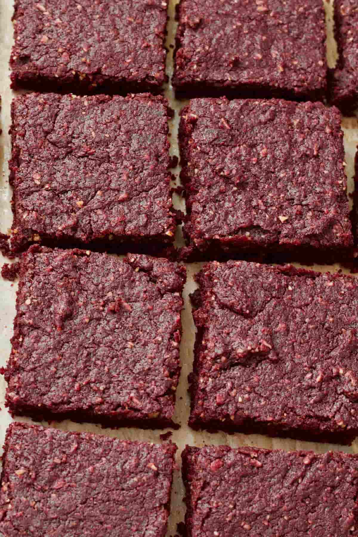 Two rows of beetroot brownie squares.