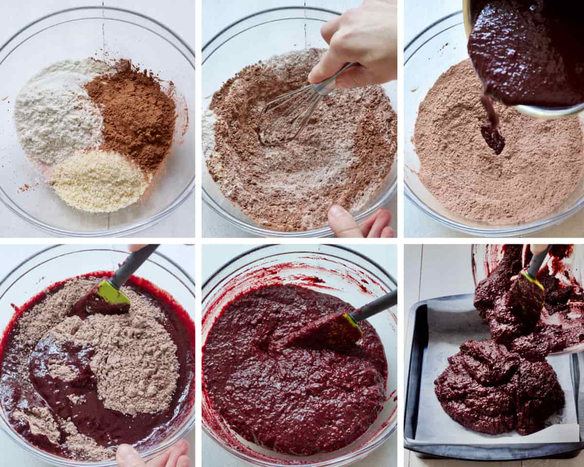 Adding wet to dry ingredients to make beetroot brownies.