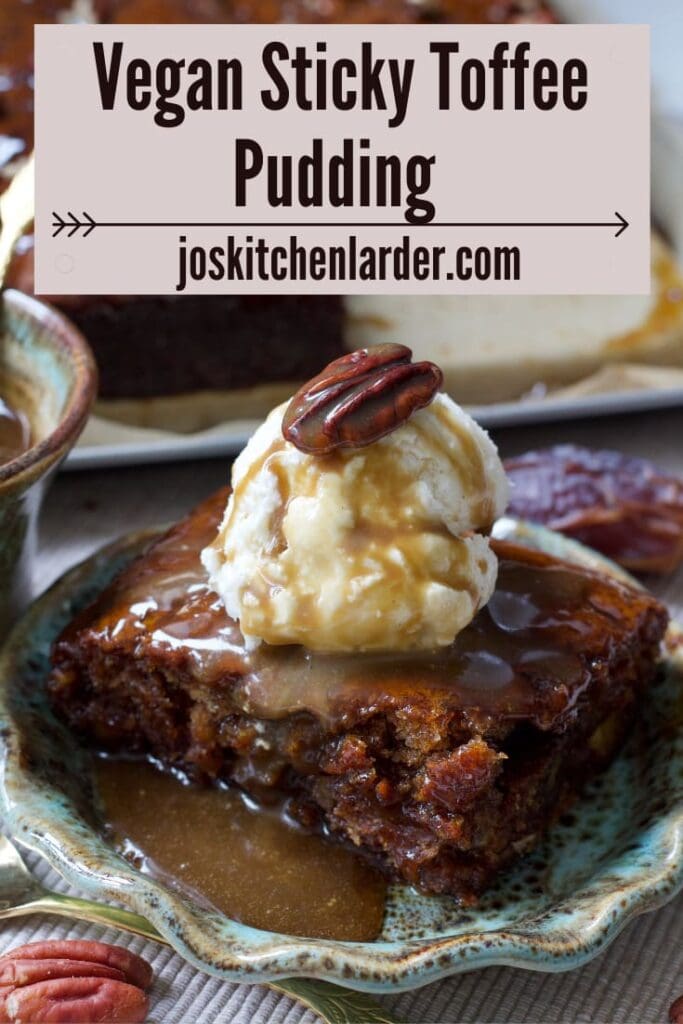 Vegan sticky toffee pudding on a plate.