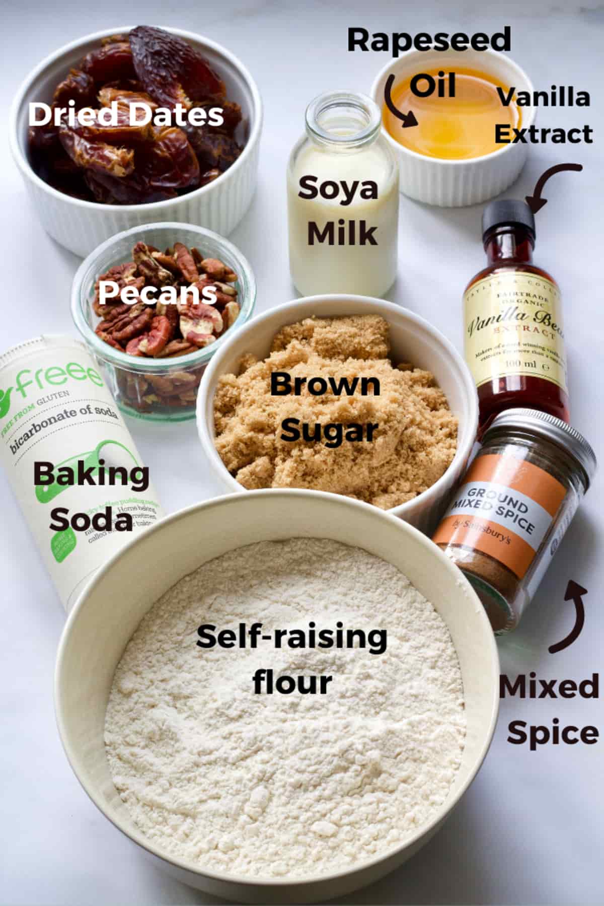 Ingredients for making vegan sticky toffee pudding.