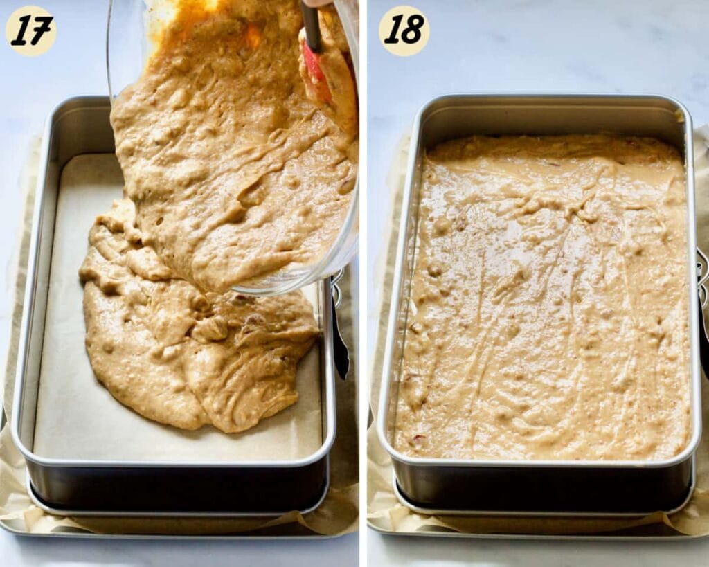 Pouring pudding batter into baking tin.