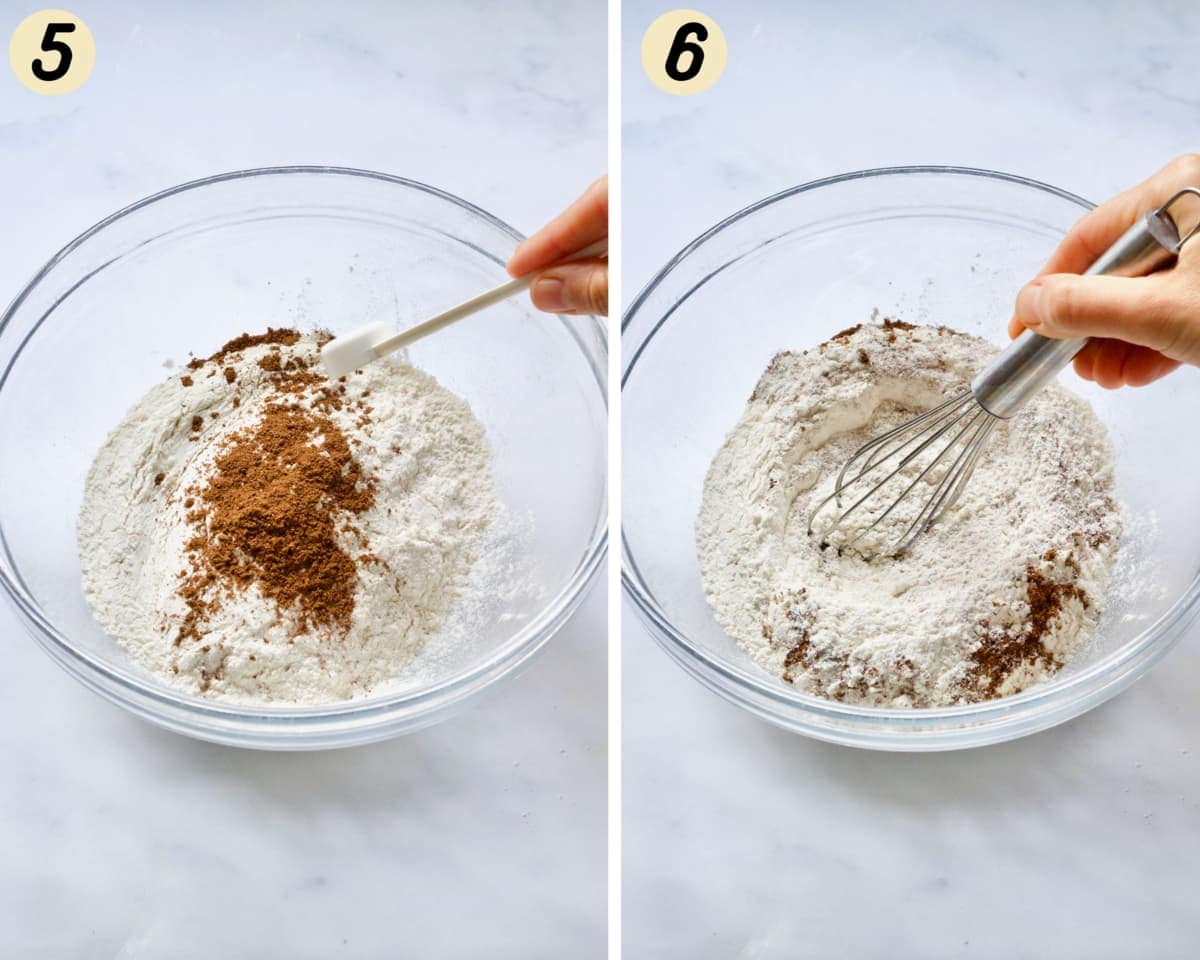 Flour and mixed spice being mixed in a bowl.