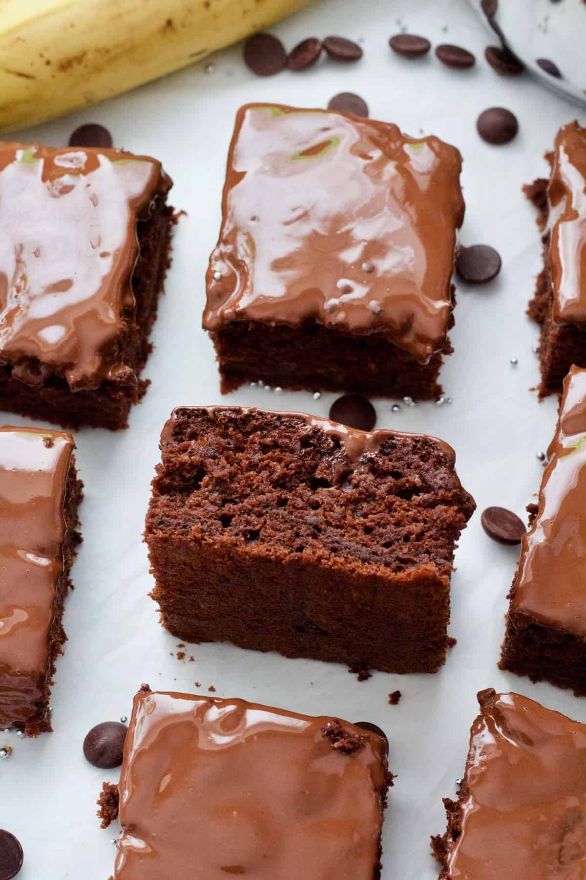 Piece of chocolate cake on its side.