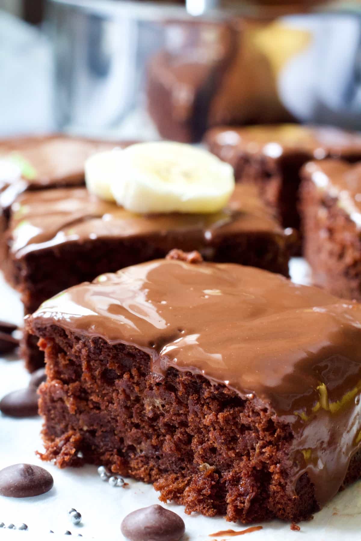 Side close up of vegan chocolate banana cake.