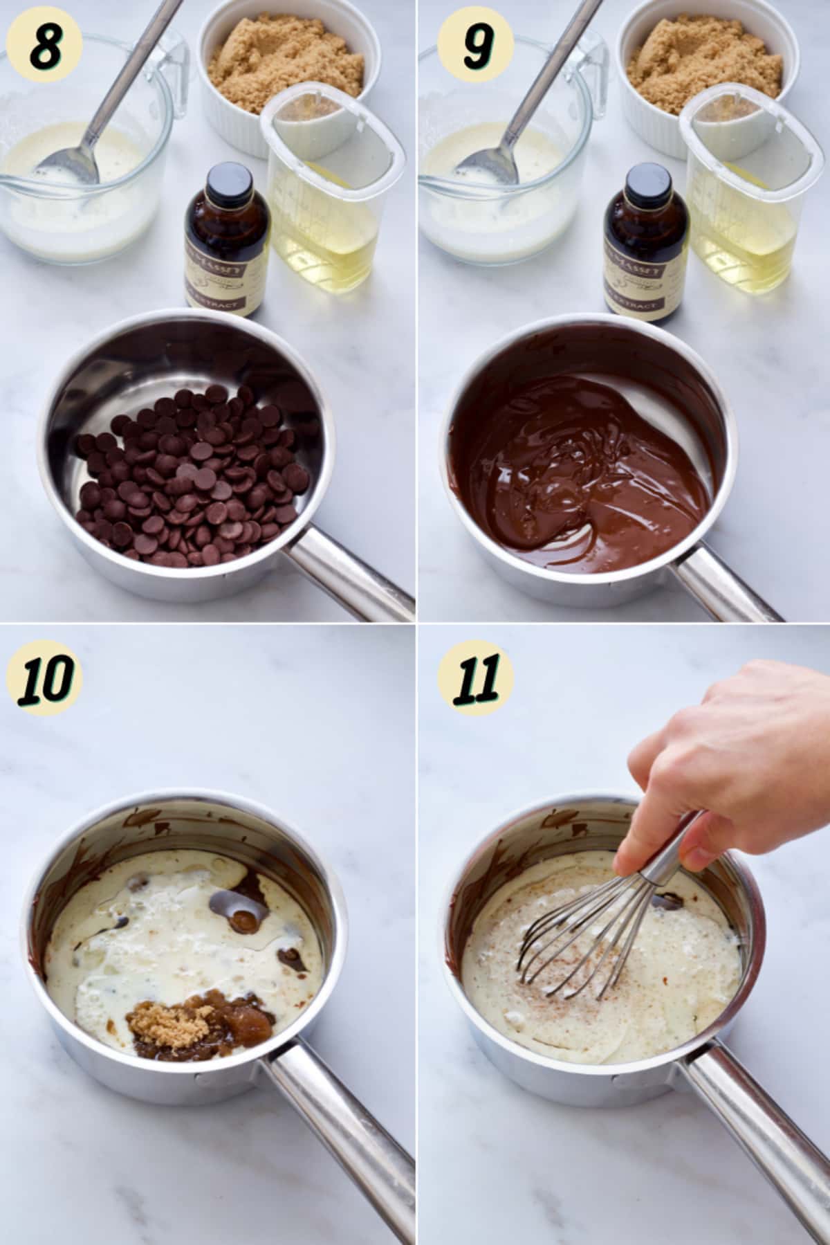 Melted chocolate being mixed with other wet ingredients.