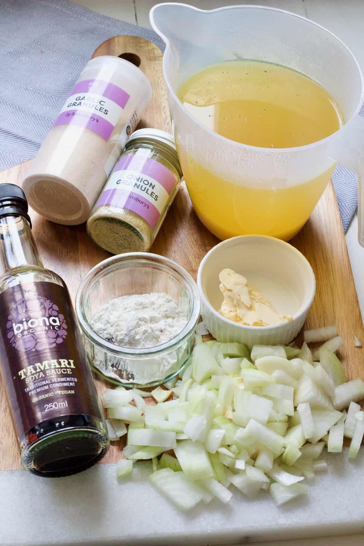 Ingredients for making vegan onion gravy.