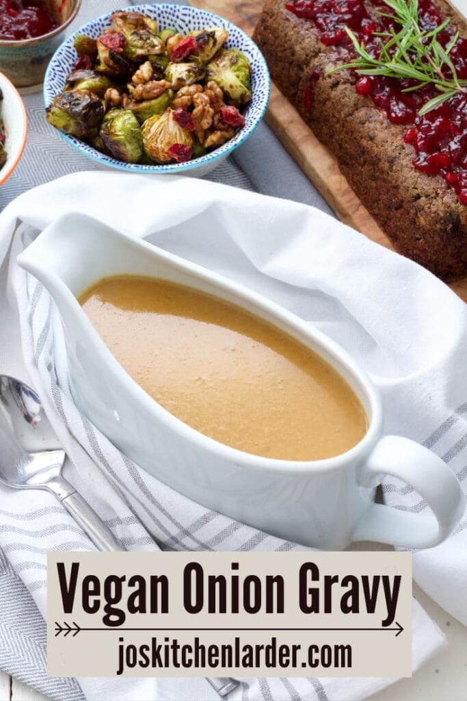 Vegan onion gravy presented in a gravy boat.