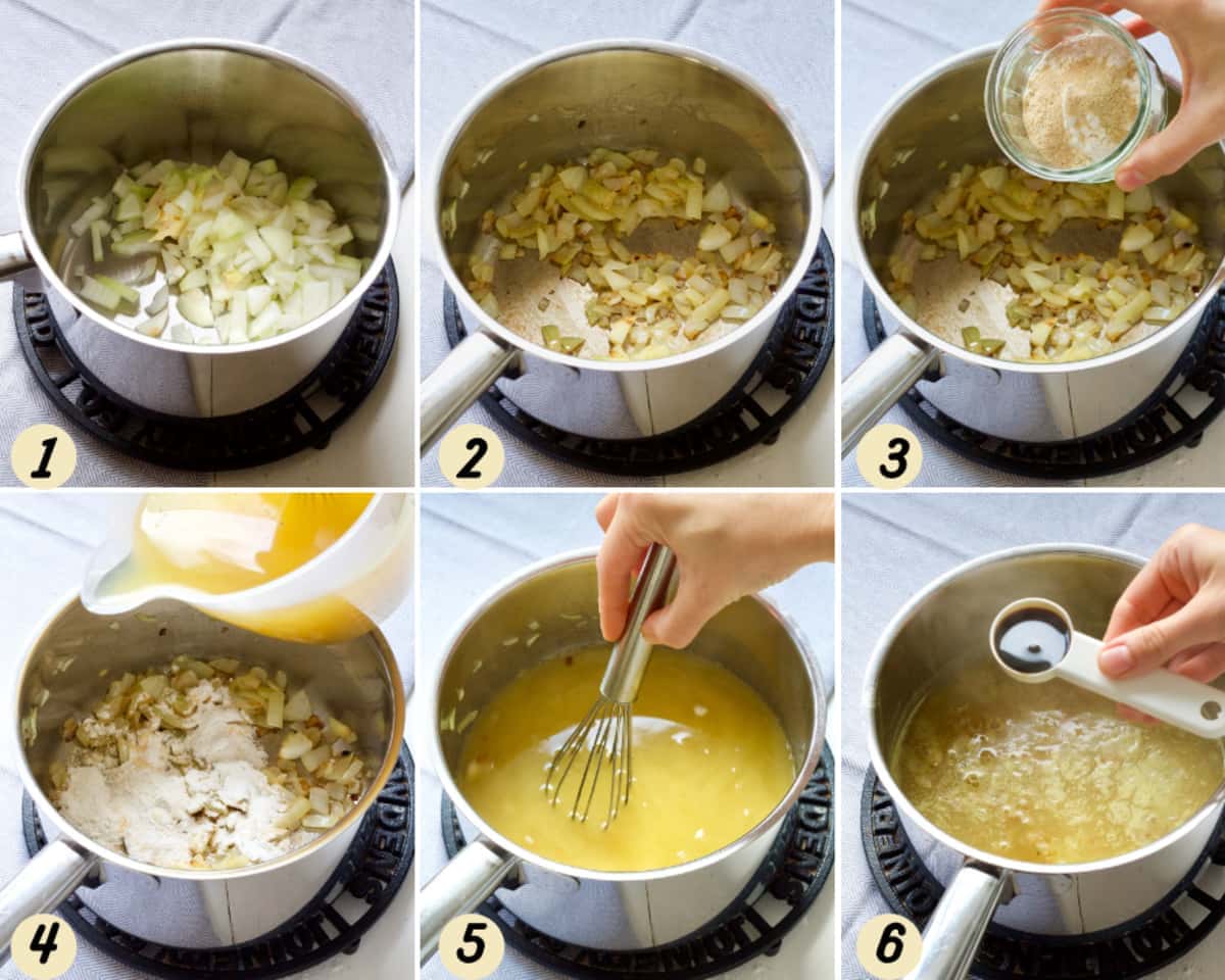 Process of making vegan onion gravy.