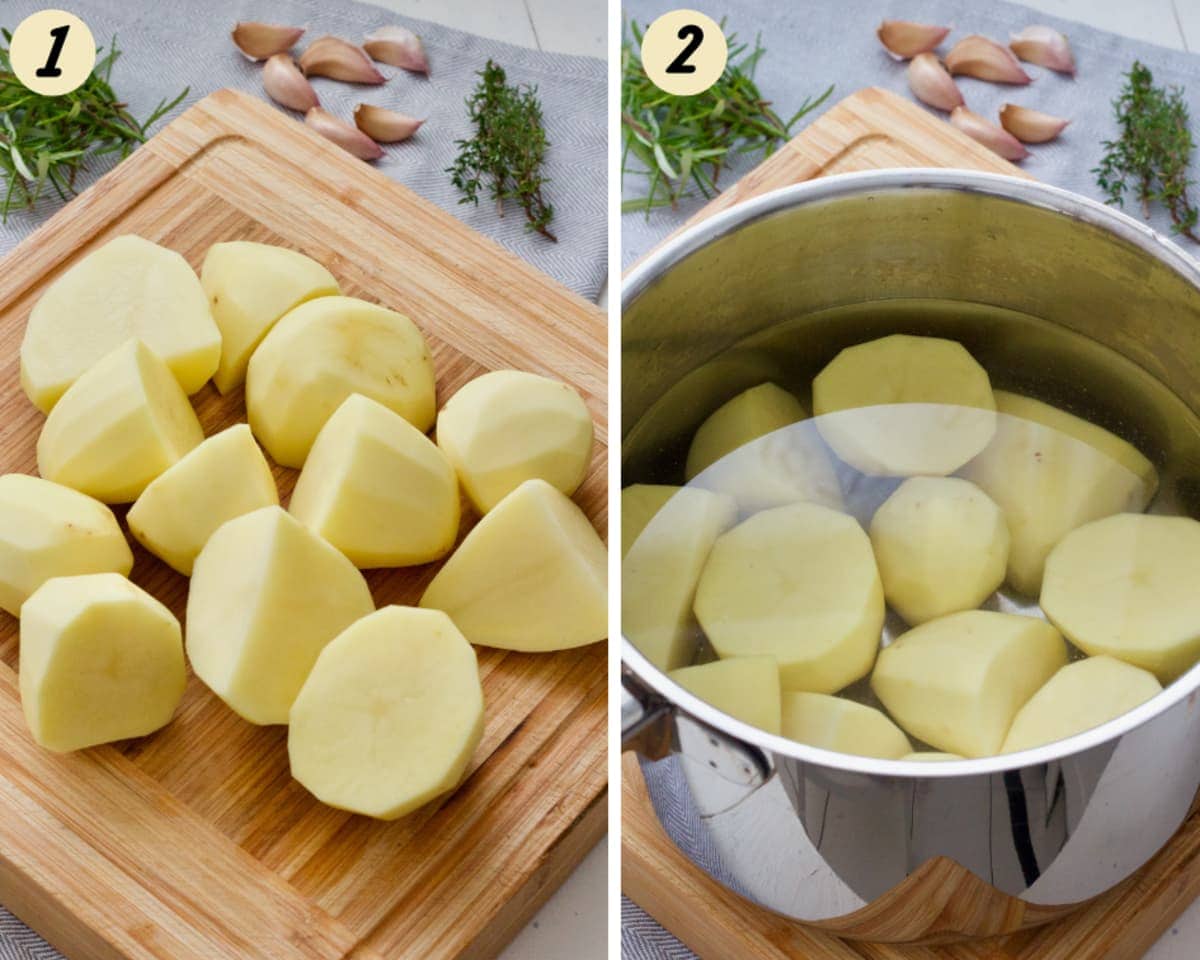 Peeled & cut potatoes on board and in the pan with water.