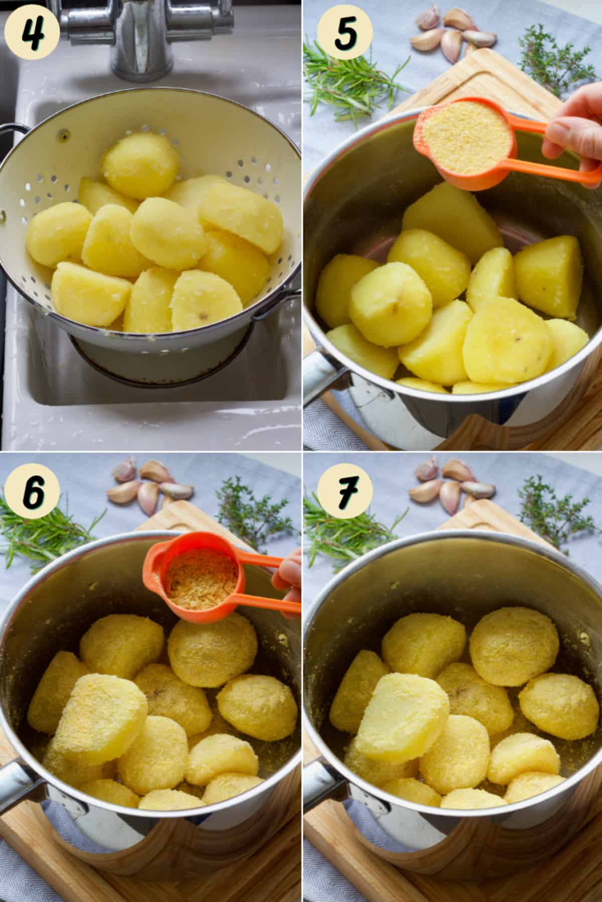 Boiled potatoes in a colander and pan with polenta and nutritional yeast.