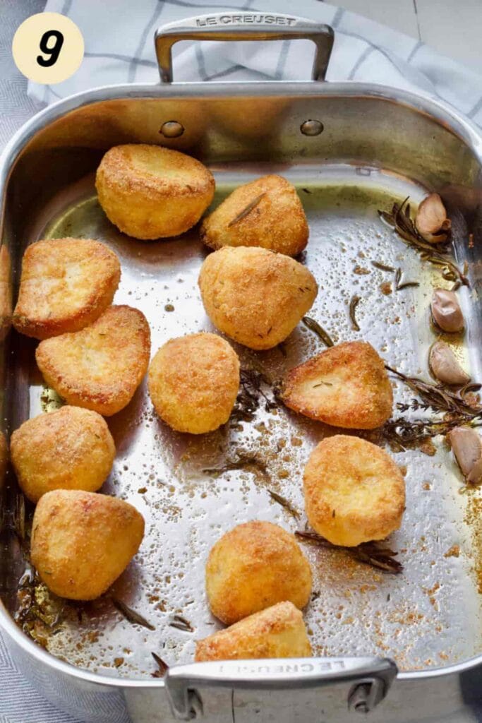 Roast potatoes in a tin out of the oven.