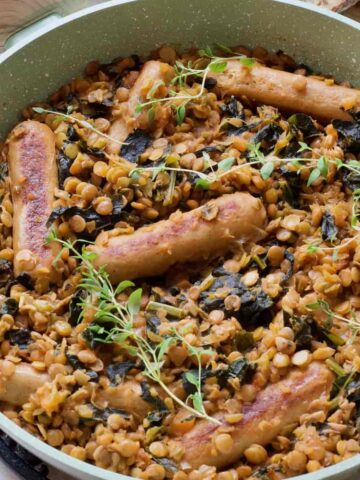 Finished vegan sausage casserole close up.