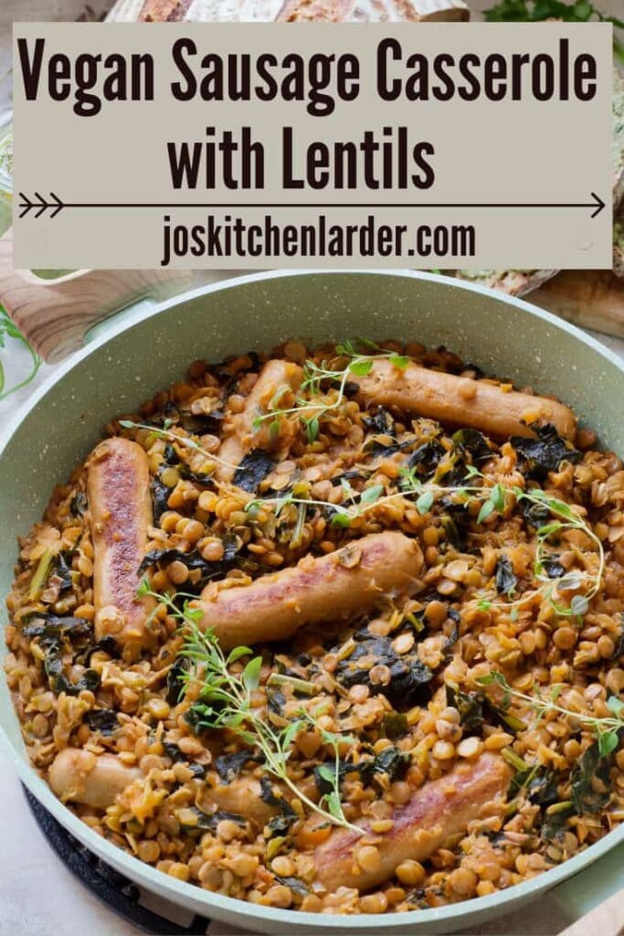 Vegan sausage casserole in a pan.