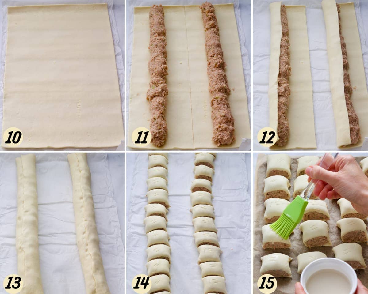 Assembling vegan sausage rolls.