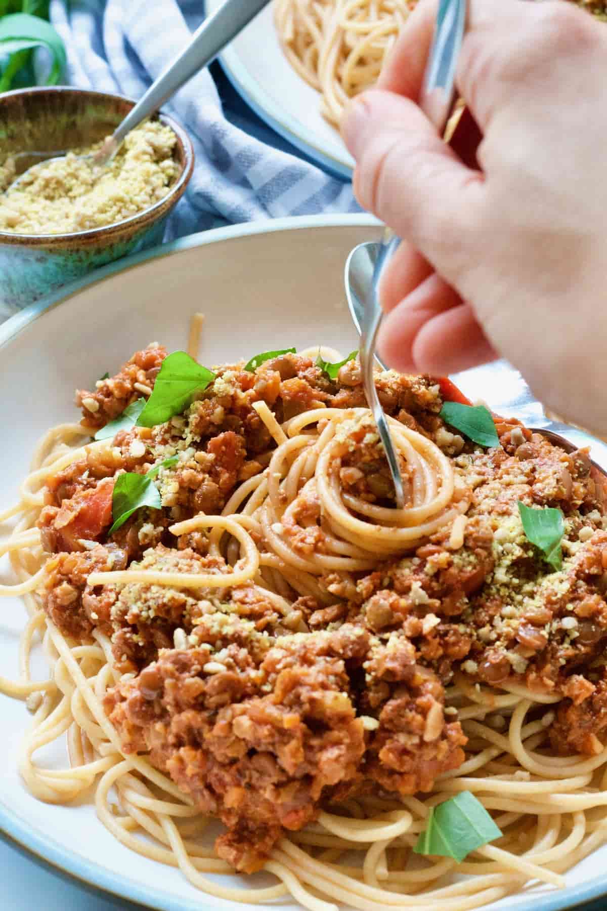 Hand picking portion of vegan spaghetti bolognese onto the fork.