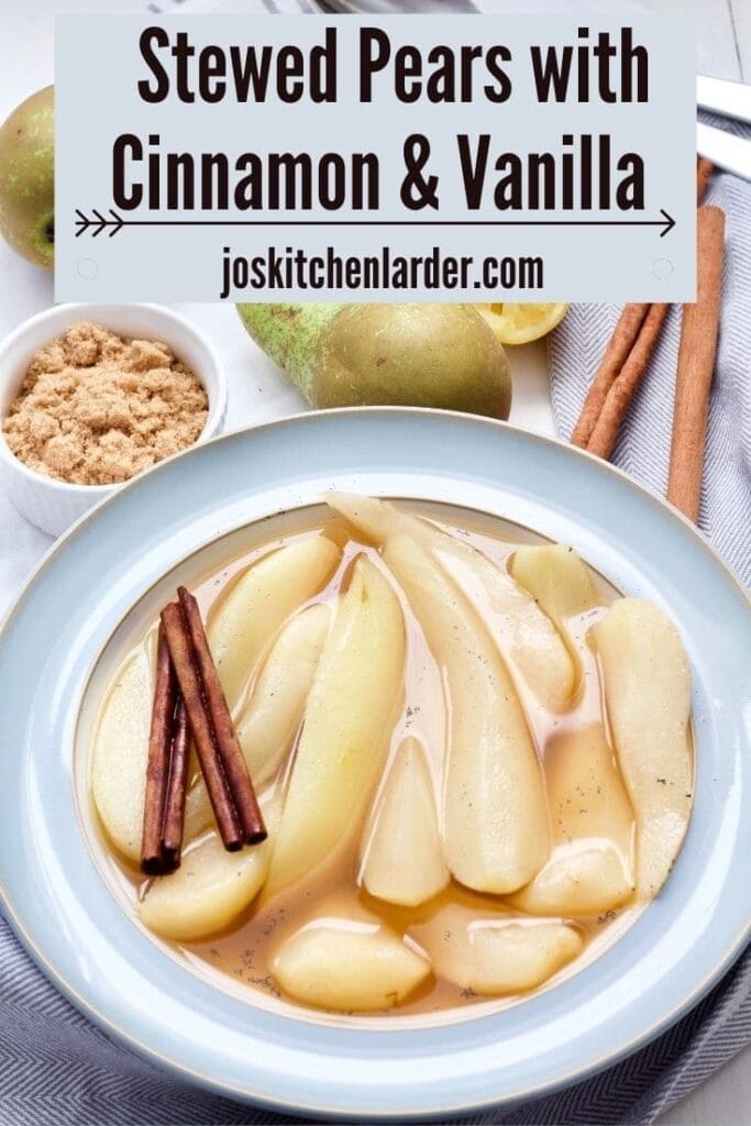 Stewed pears in a bowl with cinnamon sticks, bowl with brown sugar.