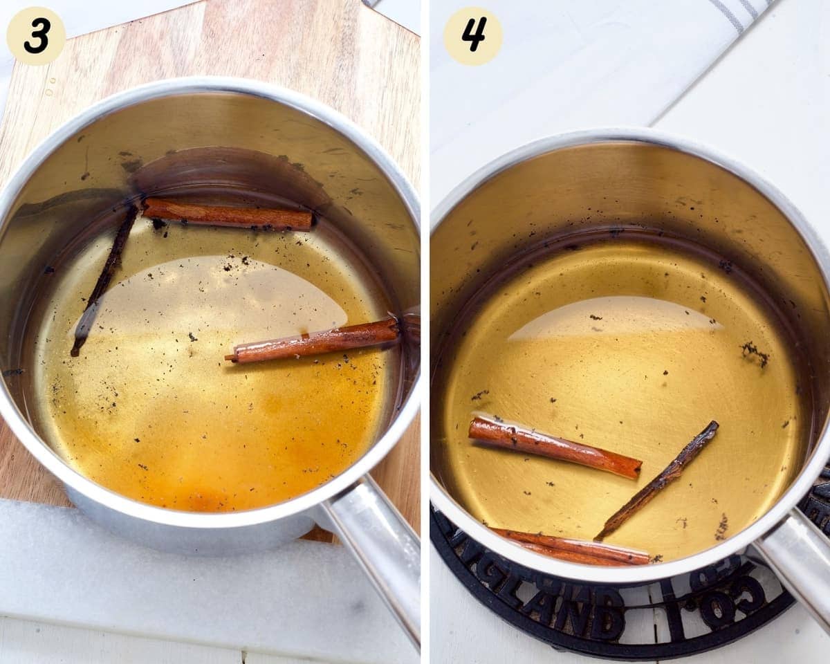 Pans with water, sugar, cinnamon and vanilla.