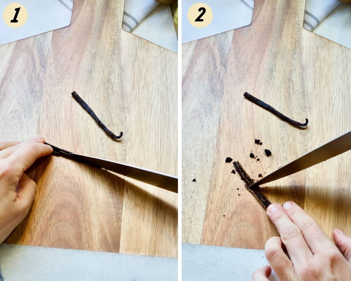 Vanilla bean being cut open and seeds scraped out.