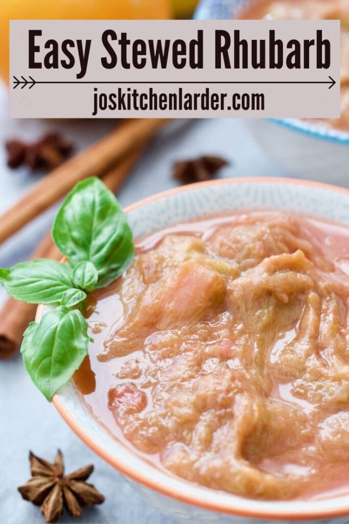 Close up of bowl with stewed rhubarb.