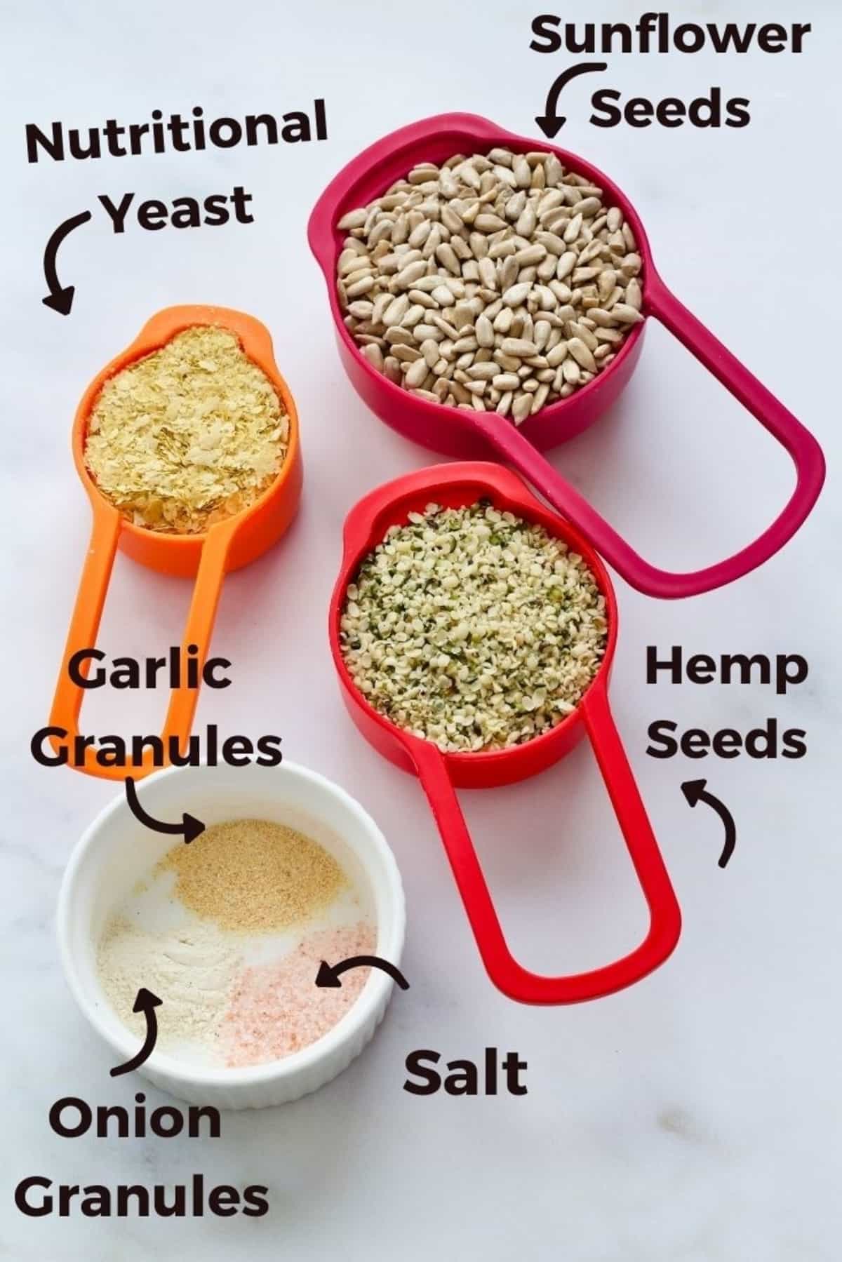 Ingredients for sunflower and hemp seeds vegan parmesan.