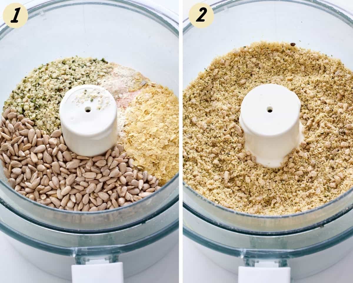 Sunflower and hemp seeds with seasoning in a food processor before and after processing.