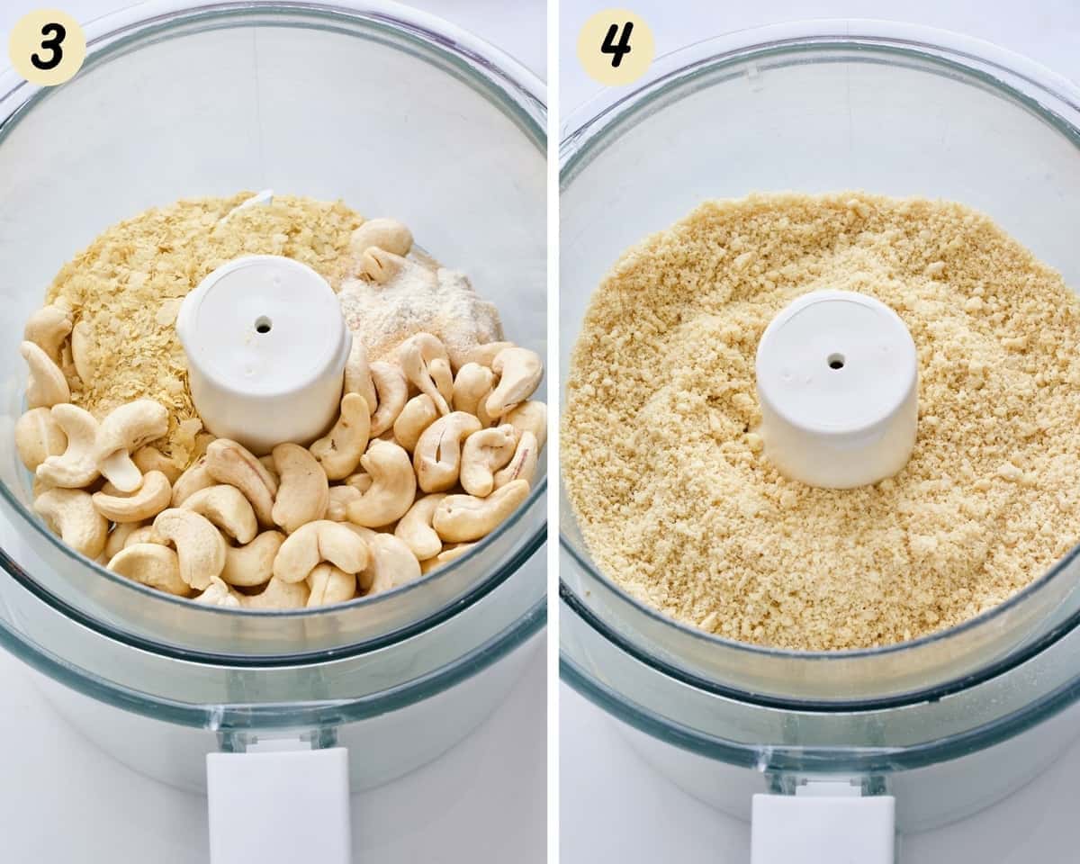 Cashew nuts and seasonings in a food processor before and after processing.