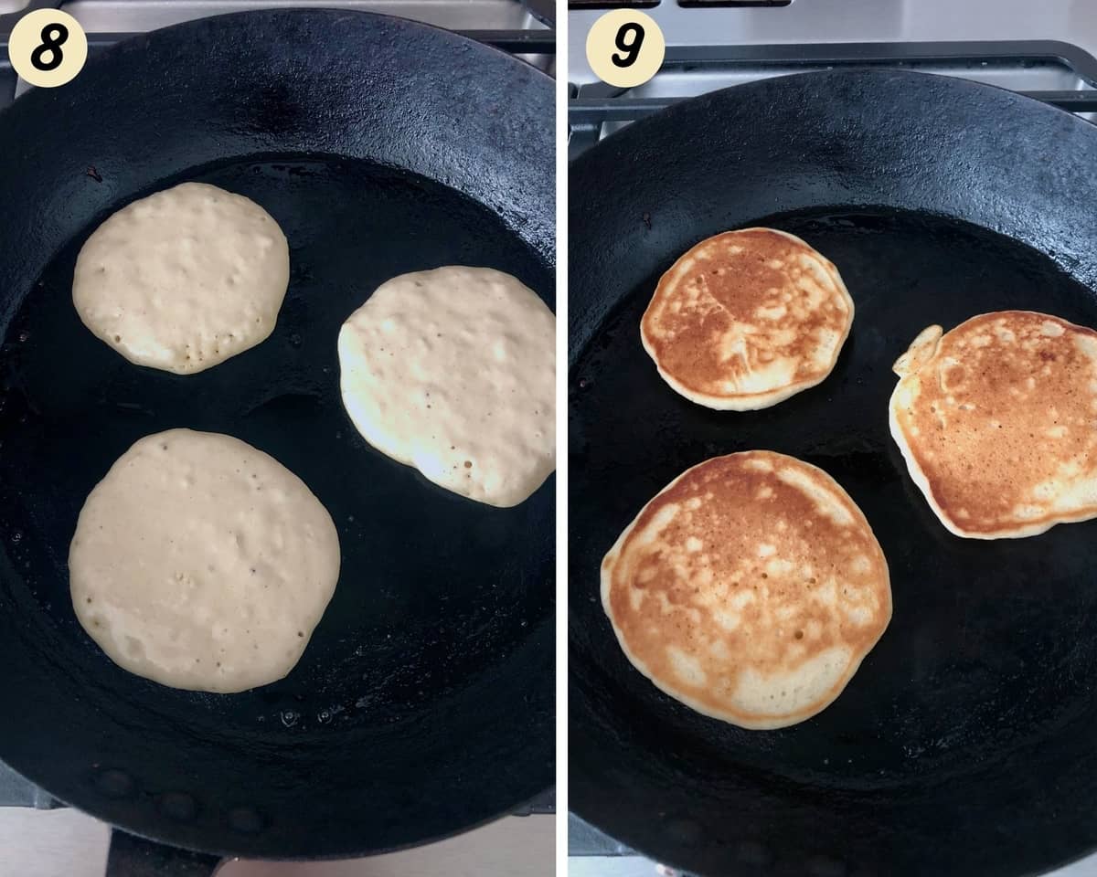 Frying fluffy vegan buttermilk pancakes.