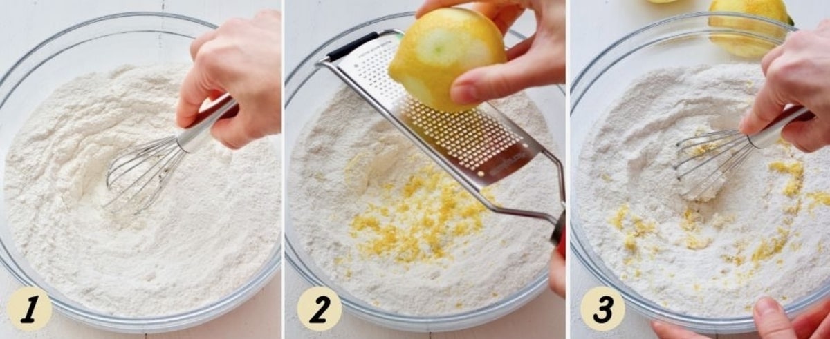 Preparing dry ingredients and adding lemon zest.