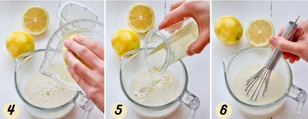 Preparing wet ingredients with soy milk, lemon juice and oil.